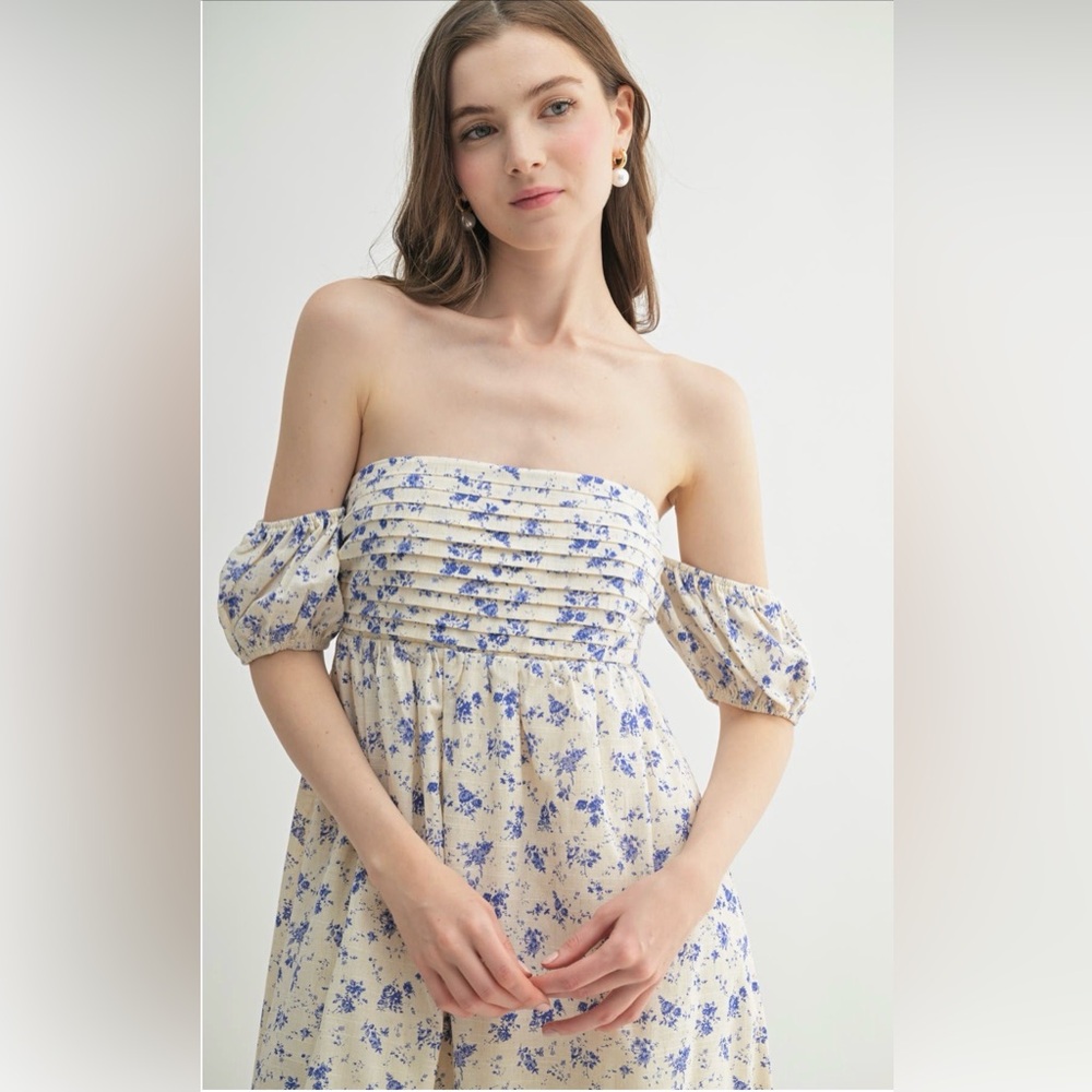 Lush Blue Floral Off-Shoulder Midi Dress - Picture 3 of 5